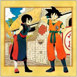 Rule 34 | 1boy, 1girl, arena, arms behind back, black eyes, black hair, blue sky, boots, building, chi-chi (dragon ball), chinese clothes, cloud, cloudy sky, commentary request, day, dougi, dragon ball, dragon ball (classic), expressionless, eyelashes, fingernails, framed, full body, hand in own hair, hand on own hip, happy, highres, leaning forward, looking at another, outdoors, outside border, ponytail, short hair, simple background, sky, smile, son goku, spiked hair, standing, wall, wristband, yellow background