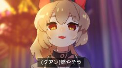 Rule 34 | 1girl, animal ears, black jacket, blurry, blurry background, commentary request, dog ears, fake screenshot, fang, harvest fes, jacket, librarian (project moon), library of ruina, light brown hair, long hair, open mouth, project moon, red eyes, shirt, smile, solo, subtitled, translation request, white shirt