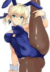 Rule 34 | 1girl, ahoge, animal ears, artoria pendragon (all), artoria pendragon (fate), blonde hair, blue bow, blue bowtie, blue leotard, blue ribbon, blush, bow, bowtie, breasts, brown pantyhose, closed mouth, covered navel, detached collar, fake animal ears, fate/grand order, fate/stay night, fate (series), from below, green eyes, hair ribbon, haruhisky, highres, leotard, looking at viewer, medium breasts, pantyhose, playboy bunny, rabbit ears, ribbon, saber (fate), simple background, solo, split, standing, standing on one leg, standing split, sweat, white background, white wrist cuffs, wrist cuffs
