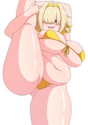 Rule 34 | 1girl, absurdres, ahoge, arm above head, bikini, blonde hair, blush, breasts, cleavage, dot nose, elegg (nikke), fang, fat, feet out of frame, goddess of victory: nikke, hair intakes, hair over eyes, highres, huge breasts, large breasts, long bangs, looking at viewer, multicolored hair, navel, open mouth, pink eyes, plump, screentones, short hair, simple background, smile, solo, split, standing, standing on one leg, standing split, swimsuit, thick thighs, thighs, two-tone hair, vlack, white background, yellow bikini