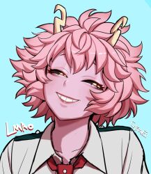 Rule 34 | 1girl, antennae, artist name, ashido mina, black sclera, blue eyes, boku no hero academia, collarbone, collared shirt, colored sclera, colored skin, commentary, cyfrus, english commentary, half-closed eyes, looking to the side, necktie, parted lips, pink hair, pink skin, portrait, red necktie, school uniform, shirt, smug, solo, u.a. school uniform, white shirt, yellow eyes