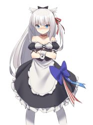 Rule 34 | 1girl, :t, american flag, american flag print, animal ear fluff, animal ears, apron, azur lane, bare shoulders, black bow, black dress, black sleeves, blue bow, blush, bow, breasts, cat ears, closed mouth, collar, collarbone, crossed arms, detached sleeves, dog ears, dress, flag print, frilled dress, frills, hair bow, hair ribbon, hairband, hammann (azur lane), highres, kildir, long hair, maid, one side up, pantyhose, pout, puffy short sleeves, puffy sleeves, red collar, red ribbon, remodel (azur lane), ribbon, short sleeves, silver hair, simple background, small breasts, solo, strapless, strapless dress, very long hair, waist apron, white apron, white background, white pantyhose, wrist cuffs