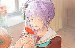 Rule 34 | 2girls, blurry, blurry background, blush, closed eyes, clubroom, collarbone, commentary request, crying, facing another, flower, hair bun, hair flower, hair ornament, hand grab, highres, hinoshita akame, hinoshita kaho, holding, holding flower, in-universe location, link! like! love live!, lone nape hair, long hair, love live!, lower teeth only, multiple girls, open mouth, orange flower, orange hair, otomune kozue, purple hair, rabbit hair ornament, red flower, sad, scene reference, side ponytail, sidelocks, single side bun, solo focus, teeth, two-handed, vase, virtual youtuber, window