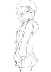 Rule 34 | 1girl, ariaria (netsuki), bad id, bad pixiv id, breasts, cabbie hat, greyscale, hair ornament, hairclip, hands in pockets, hat, highres, hood, hoodie, lineart, looking at viewer, miniskirt, miruto netsuki, monochrome, no bra, open clothes, open hoodie, original, pleated skirt, short hair, sketch, skirt, small breasts, solo, thighhighs, unfinished, zettai ryouiki
