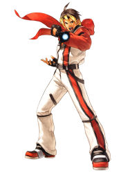 Rule 34 | 1boy, blonde hair, boots, brown hair, fighting stance, fingerless gloves, gloves, male focus, multicolored hair, neo geo battle coliseum, official art, ogura eisuke, red scarf, scarf, snk, solo, track suit, two-tone hair, watch, white background, yuki (snk)