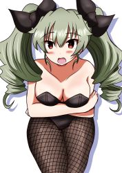 Rule 34 | 1girl, anchovy (girls und panzer), bare shoulders, blush, breast hold, breasts, cleavage, commentary, crossed arms, drill hair, fishnet pantyhose, fishnets, girls und panzer, green hair, hair ribbon, highres, leaning forward, leotard, long hair, looking at viewer, medium breasts, meiya, pantyhose, playboy bunny, red eyes, ribbon, shadow, simple background, solo, standing, strapless, strapless leotard, twin drills, twintails