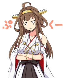 Rule 34 | 1girl, ahoge, bare shoulders, brown hair, crossed arms, detached sleeves, double bun, hairband, headgear, japanese clothes, kantai collection, kongou (kancolle), kongou kai ni (kancolle), long hair, nontraditional miko, ribbon-trimmed sleeves, ribbon trim, shigure ryuunosuke, simple background, solo, white background, wide sleeves