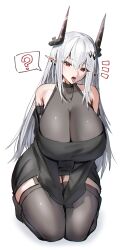 Rule 34 | 1girl, ?, absurdres, alternate breast size, alternate costume, arknights, armband, bare shoulders, black armband, black dress, black horns, black thighhighs, breasts, cleavage, commentary request, dress, highres, horn/wood, horns, huge breasts, looking at viewer, mudrock (arknights), off-shoulder dress, off shoulder, open mouth, pointy ears, red eyes, see-through, see-through cleavage, simple background, solo, spoken question mark, squatting, thick thighs, thighhighs, thighs, tongue, tongue out, white background