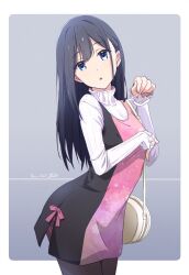 Rule 34 | 1girl, :o, bag, black dress, black hair, blue eyes, blush, bow, breasts, commentary request, dated, dress, gradient background, grey background, highres, holding, holding bag, long hair, long sleeves, looking at viewer, monai-chan (nii manabu), nii manabu, open mouth, original, pantyhose, pink dress, shirt, signature, skirt, small breasts, smile, solo, standing, sweater, turtleneck, two-tone dress, white bag, white sweater