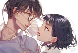 Rule 34 | 1boy, 1girl, biting, black hair, brown-framed eyewear, cherico, collared shirt, ear piercing, earbuds, earphones, earrings, eye contact, glasses, highres, jewelry, lipstick mark, looking at another, mask, mouth hold, mouth mask, original, parted lips, piercing, purple eyes, red eyes, red lips, shirt, short hair, signature, simple background, stud earrings, surgical mask, sweater, teeth, turtleneck, upper body, white background, white shirt