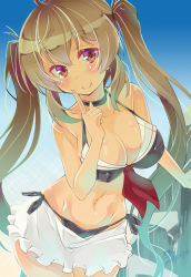 Rule 34 | 10s, 1girl, bikini, blush, breasts, brown eyes, brown hair, cleavage, curvy, female focus, highres, imu sanjo, kantai collection, large breasts, long hair, looking at viewer, murasame (kancolle), skirt, smile, solo, swimsuit, twintails, wide hips