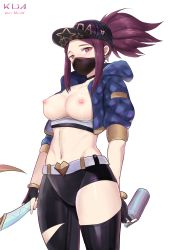 Rule 34 | 1girl, absurdres, akali, belt, black choker, black headwear, blue jacket, breasts, choker, cropped jacket, earrings, heart, highres, holding, holding weapon, hood, hood down, hooded jacket, jacket, jewelry, k/da (league of legends), k/da akali, large breasts, league of legends, long hair, mask, midriff, mouth mask, navel, nipples, red hair, simple background, solo, stomach, weapon, wei miao, white background