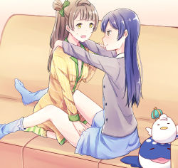 Rule 34 | 2girls, bad id, bad pixiv id, between legs, blue hair, blush, closed mouth, commentary request, couch, grey hair, hand on another&#039;s thigh, hands on another&#039;s shoulders, kneeling, long hair, long sleeves, looking at another, love live!, love live! school idol project, mechiko (mmttkknn), minami kotori, multiple girls, one side up, pajamas, pout, sitting, sonoda umi, stuffed animal, stuffed toy, yellow eyes, yuri