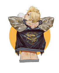 Rule 34 | 10s, 111111111 (leiyao), 1boy, arms behind head, back, blonde hair, blue eyes, chewing gum, chocobo, final fantasy, final fantasy xv, from behind, own hands clasped, jacket, male focus, midriff, own hands together, prompto argentum, solo, yellow background