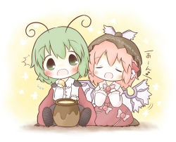 Rule 34 | 2girls, ^^^, animal ears, antennae, bad id, bad pixiv id, blush, brown dress, cape, chibi, dress, closed eyes, fang, female focus, green eyes, green hair, hand to own mouth, hands on own chest, hat, honey, multiple girls, music, musical note, mystia lorelei, open mouth, pants, pink hair, pot, shirt, short hair, singing, sitting, south114, touhou, wings, wriggle nightbug