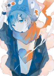 Rule 34 | 1girl, black jacket, blue eyes, blue hair, blue headwear, closed mouth, hand on headwear, hand up, heart, highres, irodori warabi, jacket, looking at viewer, open clothes, open jacket, original, red scarf, safety pin, scarf, shirt, simple background, solo, twitter username, white background, white shirt, wristband