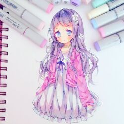 Rule 34 | 1girl, anny (yoai), art tools in frame, artist name, blue eyes, blush, bow, bowtie, collarbone, collared dress, commentary, cowboy shot, dress, english commentary, eyelashes, eyeshadow, flower, frilled dress, frills, hair flower, hair ornament, highres, instagram username, jacket, long hair, long sleeves, looking at viewer, makeup, marker (medium), open clothes, open jacket, open mouth, original, photo (medium), pink jacket, pink sleeves, purple bow, purple bowtie, purple eyeshadow, purple hair, signature, sleeves past wrists, solo, sweater jacket, traditional media, watermark, white dress, white flower