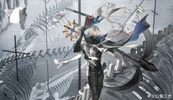 Rule 34 | 1boy, absurdres, anchor, animal skeleton, arknights, belt, bird, black pants, cape, floating cape, hat, highres, holding, holding anchor, holding clothes, holding hat, holding weapon, long hair, looking at viewer, mask, mouth mask, pants, red eyes, seagull, solo, standing, steering wheel, ulpianus (arknights), weapon, weibo 7355295775, white hair