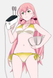 Rule 34 | &gt;:(, 10s, 1girl, akashi (kancolle), bad id, bad pixiv id, bare shoulders, bikini, bowl, breasts, cable, frown, green eyes, hair ribbon, holding, kantai collection, long hair, mixer (cooking), mixing bowl, navel, ojipon, pink hair, ribbon, side-tie bikini bottom, solo, swimsuit, tress ribbon, twintails, v-shaped eyebrows, whisk