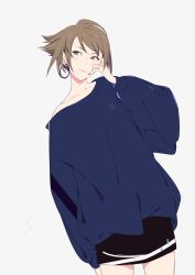 Rule 34 | 10s, 1girl, alternate costume, black skirt, blue jacket, blush, brown hair, earrings, flipped hair, green eyes, hand on own cheek, hand on own face, hoop earrings, jacket, jewelry, kantai collection, long sleeves, looking to the side, mutsu (kancolle), nail polish, off shoulder, oversized clothes, pencil skirt, purple nails, short hair, simple background, skirt, smile, sohin, solo, striped clothes, striped skirt, upper body, white background