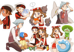 Rule 34 | 1girl, 2boys, :d, archen, beanie, blush, bow hairband, brendan (pokemon), brown hair, closed eyes, collared shirt, commentary request, creatures (company), game freak, gen 2 pokemon, gen 3 pokemon, gen 5 pokemon, grey hair, hairband, hat, holding, holding pokemon, innertube, jacket, jewelry, kneeling, lombre, long sleeves, may (pokemon), multiple boys, nintendo, open mouth, pokemon, pokemon (creature), pokemon oras, popcorn 91, red hairband, red shirt, ring, shirt, short sleeves, shuppet, sitting, skarmory, sleeveless, sleeveless shirt, smile, steven stone, swablu, swim ring, swimsuit, thought bubble, vest, white shirt, zipper pull tab