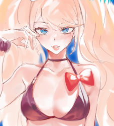 Rule 34 | 1girl, bare shoulders, bikini, black choker, blonde hair, blue eyes, blush, bow, breasts, choker, cleavage, collarbone, danganronpa: trigger happy havoc, danganronpa (series), danganronpa s: ultimate summer camp, day, enoshima junko, halterneck, hand up, highres, large breasts, long hair, looking at viewer, parted lips, red bow, scrunchie, smile, solo, swimsuit, tuteurfars shin, wrist scrunchie