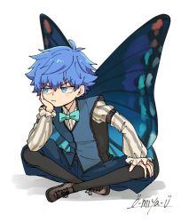 Rule 34 | 1boy, annoyed, black legwear, blue eyes, blue hair, blue pants, blush, boots, bow, bowtie, brown footwear, butterfly wings, fate/extra, fate/grand order, fate (series), furrowed brow, hans christian andersen (fate), indian style, insect wings, jitome, long sleeves, male focus, o-miya (ohmiya you), pants, shirt, short hair, signature, sitting, solo, striped clothes, striped shirt, vertical-striped clothes, vertical-striped shirt, wings