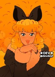 Rule 34 | 1girl, artist name, big hair, black bow, black eyes, black nails, blush, bow, character request, devdeyl, fur trim, hair bow, hand up, highres, konjiki no gash!!, long sleeves, looking at viewer, monochrome, nail polish, open mouth, orange background, orange hair, orange theme, simple background, smile, solo