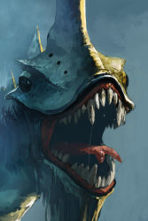 Rule 34 | blue theme, ekochin, fangs, forked tongue, monster, no humans, open mouth, sharp teeth, teeth, tongue