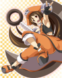 Rule 34 | 1girl, anchor, brown eyes, checkered background, fingerless gloves, flat chest, gloves, guilty gear, guilty gear xrd, hat, highres, huge weapon, long hair, may (guilty gear), orange hat, orange shirt, pirate hat, sch, shirt, smile, solo, v, weapon