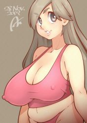 Rule 34 | 1girl, an itari, belly, breasts, brown eyes, brown hair, cleavage, clothes, covered erect nipples, female focus, grey background, highres, jewelry, large breasts, long hair, looking at viewer, original, partially undressed, plump, simple background, smile, solo, wide hips