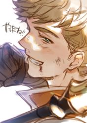 Rule 34 | 1boy, blonde hair, brown gloves, clenched hand, close-up, dirty, dirty face, gloves, granblue fantasy, green eyes, highres, injury, looking at viewer, male focus, mansu, short hair, smile, solo, teeth, translated, vane (granblue fantasy)
