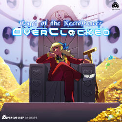 Rule 34 | 1girl, album cover, alternate costume, bandana, black shirt, blonde hair, blue eyes, bracelet, cadence (necrodancer), chain, chain, head rest, cover, crypt of the necrodancer, formal, gold chain, grin, highres, jewelry, crossed legs, long hair, maya petersen, red suit, shirt, shovel, sitting, smile, solo, suit, throne, treasure, white footwear