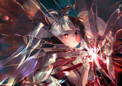 Rule 34 | 1girl, black hair, blush, bow, collared shirt, commentary, english commentary, fujiwara no mokou, fujiwara no mokou (young), glowing, hair bow, hands up, highres, kobara suita, long hair, looking at object, pants, parted lips, ponytail, red eyes, red pants, shattered, shirt, short hair, solo, suspenders, tearing up, teeth, touhou, upper body, white bow, white hair, white shirt