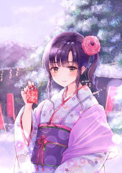 Rule 34 | 1girl, banner, black hair, blush, brown eyes, closed mouth, commentary request, curly hair, day, ema, floral print, flower, hair flower, hair ornament, hand up, holding, japanese clothes, kimono, long hair, long sleeves, looking at viewer, mountain, nagidango, obi, original, outdoors, pink flower, print kimono, sash, side ponytail, sidelocks, smile, solo, standing, upper body, white kimono, wide sleeves