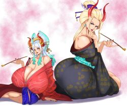 Rule 34 | 2girls, absurdres, ass, bare shoulders, big hair, black kimono, black maria (one piece), blue eyes, breasts, breasts on lap, cleavage, earrings, ears, eyeshadow, female focus, fingernails, forehead, giant, giantess, gigantic breasts, highres, horns, huge ass, ignotoz, japanese clothes, jewelry, kimono, kiseru, legs, lipstick, long fingernails, makeup, multiple girls, nail polish, naughty face, one piece, orange eyes, pink background, red kimono, red lips, red nails, shiny skin, sitting, smoking, smoking pipe, sunnysundown, veins, veiny breasts, wariza, white background, white hair, wide hips, yamato (one piece)