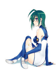 Rule 34 | 00s, 1girl, ahoge, antenna hair, arm support, ass, back, bare shoulders, blue footwear, blue gloves, blue thighhighs, blush, bodysuit, boots, breasts, covered erect nipples, dimples of venus, elbow gloves, facial mark, fingerless gloves, from side, full body, gloves, green hair, hair between eyes, halterneck, kannagi itsuki, knee up, large breasts, leotard, light smile, looking at viewer, looking back, pilot suit, profile, purple eyes, satou atsuki, shadow, short hair, simple background, single thighhigh, sitting, smile, solo, sora wo kakeru shoujo, thigh boots, thigh strap, thighhighs, turtleneck, white background