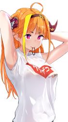 Rule 34 | 1girl, armpits, arms behind head, bow, bra, breasts, clothes writing, diagonal-striped bow, dragon girl, dragon horns, hair tie in mouth, highres, hololive, horns, kiryu coco, large breasts, mouth hold, orange hair, red eyes, see-through silhouette, simple background, solo, tying hair, underwear, virtual youtuber, white background, white bra, yuyaiyaui