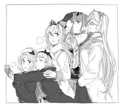 Rule 34 | 2020, 5girls, adjusting eyewear, alternate costume, ark royal (kancolle), blush, bob cut, bow, braid, breath, closed eyes, closed mouth, coat, commentary, cowboy shot, crown, curly hair, eyewear on head, fingerless gloves, french braid, fur-trimmed coat, fur trim, gloves, greyscale, hair between eyes, hair ornament, hairband, hand in pocket, hat, hat bow, headgear, holding, holding newspaper, hug, hug from behind, janus (kancolle), jervis (kancolle), kantai collection, long hair, long sleeves, mini crown, monochrome, multiple girls, nelson (kancolle), newspaper, parted lips, plaid, plaid scarf, sailor hat, scarf, short hair, simple background, smile, sunglasses, tiara, warspite (kancolle), weidashming, white background