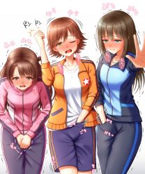 Rule 34 | 3girls, apotea, arm up, between legs, black pants, blue eyes, blue jacket, blue shorts, blush, breasts, brown eyes, brown hair, collarbone, embarrassed, female focus, half-closed eye, half-closed eyes, hand beneath clothes, hand between legs, hand in pocket, hands together, have to pee, heavy breathing, highres, honda mio, idolmaster, idolmaster cinderella girls, jacket, japanese text, jewelry, legs together, long hair, long sleeves, looking at viewer, matching hair/eyes, medium breasts, multiple girls, necklace, nose blush, one eye closed, open mouth, orange jacket, outstretched arm, pants, pink jacket, shibuya rin, shimamura uzuki, shirt, short hair, shorts, simple background, speech bubble, standing, star (symbol), sweat, tears, teeth, text focus, translation request, trembling, white background, white shirt, yellow eyes, zipper, zipper pull tab