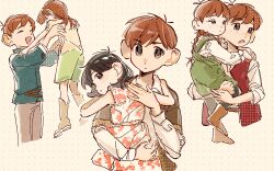 Rule 34 | 1boy, 3girls, ^ ^, ankle boots, armpit carry, black hair, black pantyhose, blue shirt, bob cut, boots, braid, brown footwear, carrying, chilchuck tims, child, child carry, closed eyes, dress, dungeon meshi, facing another, father and daughter, floral print, freckles, fullertom (dungeon meshi), green dress, green shorts, grey pants, hair over shoulder, halfling, highres, layered sleeves, long hair, long sleeves, looking at viewer, looking back, looking to the side, mayjack (dungeon meshi), multiple girls, packpatty (dungeon meshi), pants, pantyhose, pinafore dress, print dress, red vest, shirt, short hair, short over long sleeves, short sleeves, shorts, sleeveless, sleeveless dress, vest, white shirt, zijunqvq