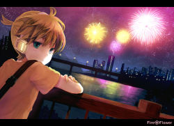 Rule 34 | 1boy, aerial fireworks, amamizu (pixiv), aqua eyes, bad id, bad pixiv id, blonde hair, cityscape, fire flower (vocaloid), fireworks, headphones, kagamine len, letterboxed, male focus, night, ponytail, short hair, solo, usui (tripcube), vocaloid, water