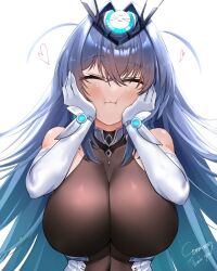 Rule 34 | 1girl, :3, azur lane, bare shoulders, blue hair, blush, bodystocking, breasts, cheek squash, cleavage, closed eyes, closed mouth, commission, facing viewer, female focus, gloves, hair between eyes, hair intakes, hands on own cheeks, hands on own face, headgear, heart, highres, irkawaza, large breasts, long hair, new jersey (azur lane), see-through, see-through cleavage, simple background, solo, thank you, upper body, very long hair, white background, white gloves