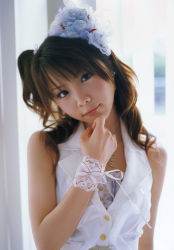 Rule 34 | 1girl, asian, belt, black eyes, brown eyes, brown hair, buttons, female focus, flower, hair flower, hair ornament, head tilt, highres, jewelry, lace, lips, lipstick, lolita fashion, long hair, looking at viewer, makeup, morning musume, necklace, photo (medium), ponytail, ribbon, side ponytail, sleeveless, smile, solo, tanaka reina, upper body, wristband