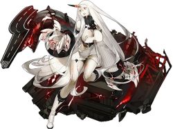 Rule 34 | 10s, 1girl, abyssal ship, akira (kadokawa), breasts, claws, colored skin, detached sleeves, dress, female focus, full body, horns, kantai collection, large breasts, long hair, machinery, official art, open mouth, red eyes, seaport princess, short dress, single horn, solo, torn clothes, transparent background, white dress, white hair, white skin