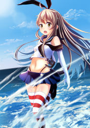 Rule 34 | 10s, 1girl, anchor hair ornament, black panties, blonde hair, blue skirt, elbow gloves, fang, gloves, hair ornament, hairband, highres, kantai collection, long hair, looking at viewer, navel, ocean, open mouth, panties, shimakaze (kancolle), skirt, solo, striped clothes, striped thighhighs, sunsuke, thighhighs, underwear, white gloves, yellow eyes