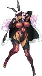 Rule 34 | 1girl, animal ears, banpresto, breasts, cape, cleavage, curvy, fail (super robot wars x-omega), finger to mouth, fur-trimmed cape, fur trim, glowing, glowing eyes, highleg, highleg leotard, hip focus, large breasts, leotard, licking lips, long hair, mask, official art, one eye closed, pink hair, plump, rabbit ears, shatte judevesten, shiny skin, super robot wars, super robot wars x-omega, thighhighs, thighs, tongue, tongue out