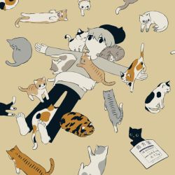 Rule 34 | 1boy, animal focus, avogado6, barefoot, calico, cat, commentary, expressionless, long sleeves, looking up, lying, male focus, nuzzle, on back, open mouth, original, paper, surrounded, too many, too many cats