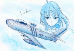 Rule 34 | 1girl, ahoge, aircraft, airplane, artoria pendragon (all), artoria pendragon (fate), blue theme, braid, character name, f-86 sabre, fate (series), fighter jet, flying, jet, military, military vehicle, monochrome, name connection, object namesake, pilot, potekite, pun, saber (fate), traditional media, vehicle focus