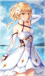 Rule 34 | 1girl, arm up, bad id, bad pixiv id, bare shoulders, bindong, black gloves, blonde hair, blue sky, blush, border, breasts, cleavage, closed mouth, cloud, collarbone, cowboy shot, criss-cross halter, day, detached sleeves, dress, flower, genshin impact, gloves, hair flower, hair ornament, halter dress, halterneck, hand in own hair, highres, layered dress, long sleeves, looking afar, looking away, lumine (genshin impact), medium breasts, ocean, outdoors, partially fingerless gloves, short hair with long locks, sidelocks, sky, smile, solo, white border, white dress, white flower, yellow eyes